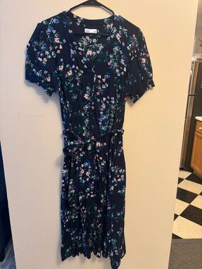 croft & barrow Navy Floral Midi Dress with Self-Tie Waist